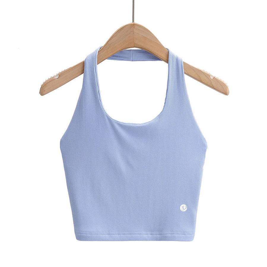 Women's Cotton Sleeveless Crop Tank Top - Casual Crew Neck Binding Vest In Light Blue (Small)
